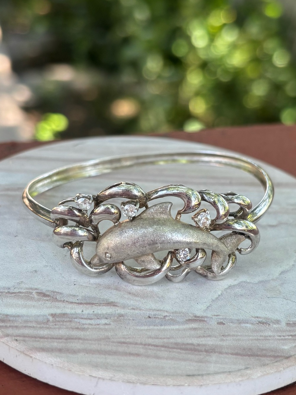 Vintage 925 Sterling Silver Dolphin Wave Cuff Bangle Bracelet Small Oval 57x43mm